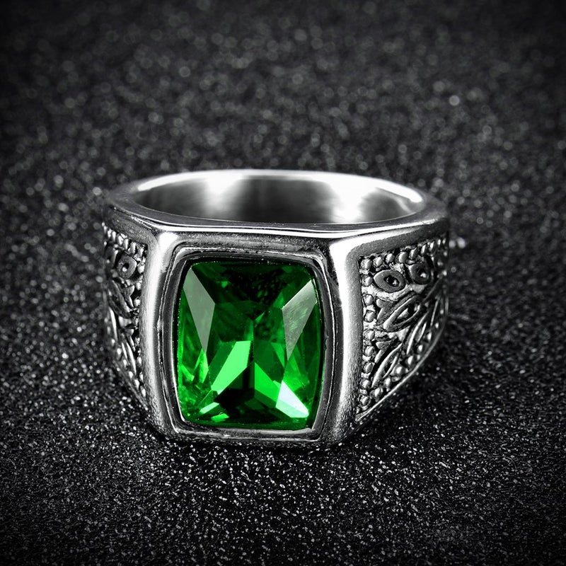MASOP Mens Stainless Steel Ring Large Green Emerald Color Square Stone Ring Size 10 - Image 2